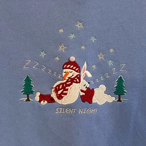 Blue 2X Christmas Sweatshirt embroidered snowman and rabbit “Silent Night” - Picture 2 of 4